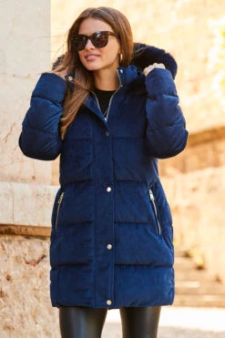 Navy Blue Luxe Velvet Padded Coat -MIDI Clothing Shop web rt 77 a22ow004be0003 161