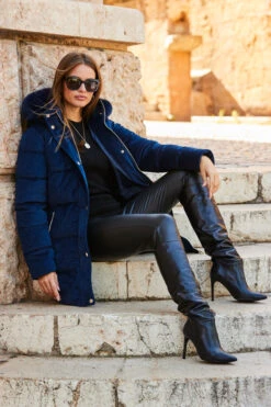 Navy Blue Luxe Velvet Padded Coat -MIDI Clothing Shop web rt 77 a22ow004be0003 377