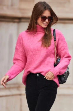 Bright Pink Chevron Roll Neck Ribbed Jumper -MIDI Clothing Shop web rt 84 a22tk484pk0008 100