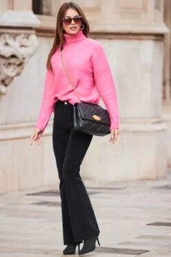 Bright Pink Chevron Roll Neck Ribbed Jumper -MIDI Clothing Shop web rt 84 a22tk484pk0008 245