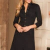 Black Popper Front 3/4 Sleeve Stretch Denim Dress 1 Black Popper Front 3/4 Sleeve Stretch Denim Dress -MIDI Clothing Shop web s19ds142bk 1304