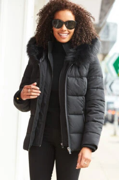 Black Faux Fur Trim Luxe Padded Coat -MIDI Clothing Shop web s20ow012 575039