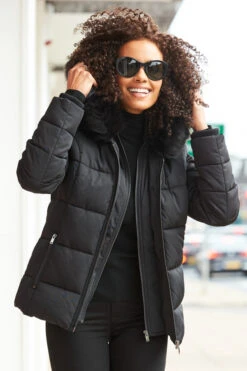 Black Faux Fur Trim Luxe Padded Coat -MIDI Clothing Shop web s20ow012 5751410