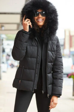 Black Faux Fur Trim Luxe Padded Coat -MIDI Clothing Shop web s20ow012 5754712