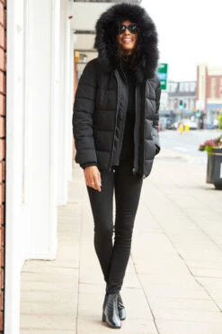 Black Faux Fur Trim Luxe Padded Coat -MIDI Clothing Shop web s20ow012 5757414