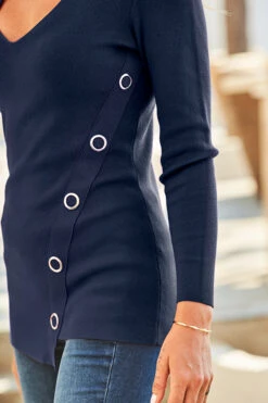 Navy Blue Eyelet Detail V Neck Jumper