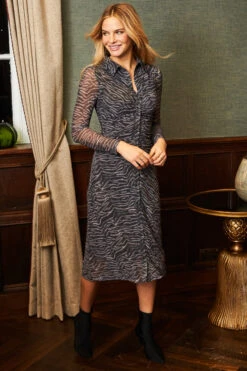 Charcoal Grey Zebra Print Mesh Shirt Jersey Dress -MIDI Clothing Shop web shot 23 s21dj047mi0001 061